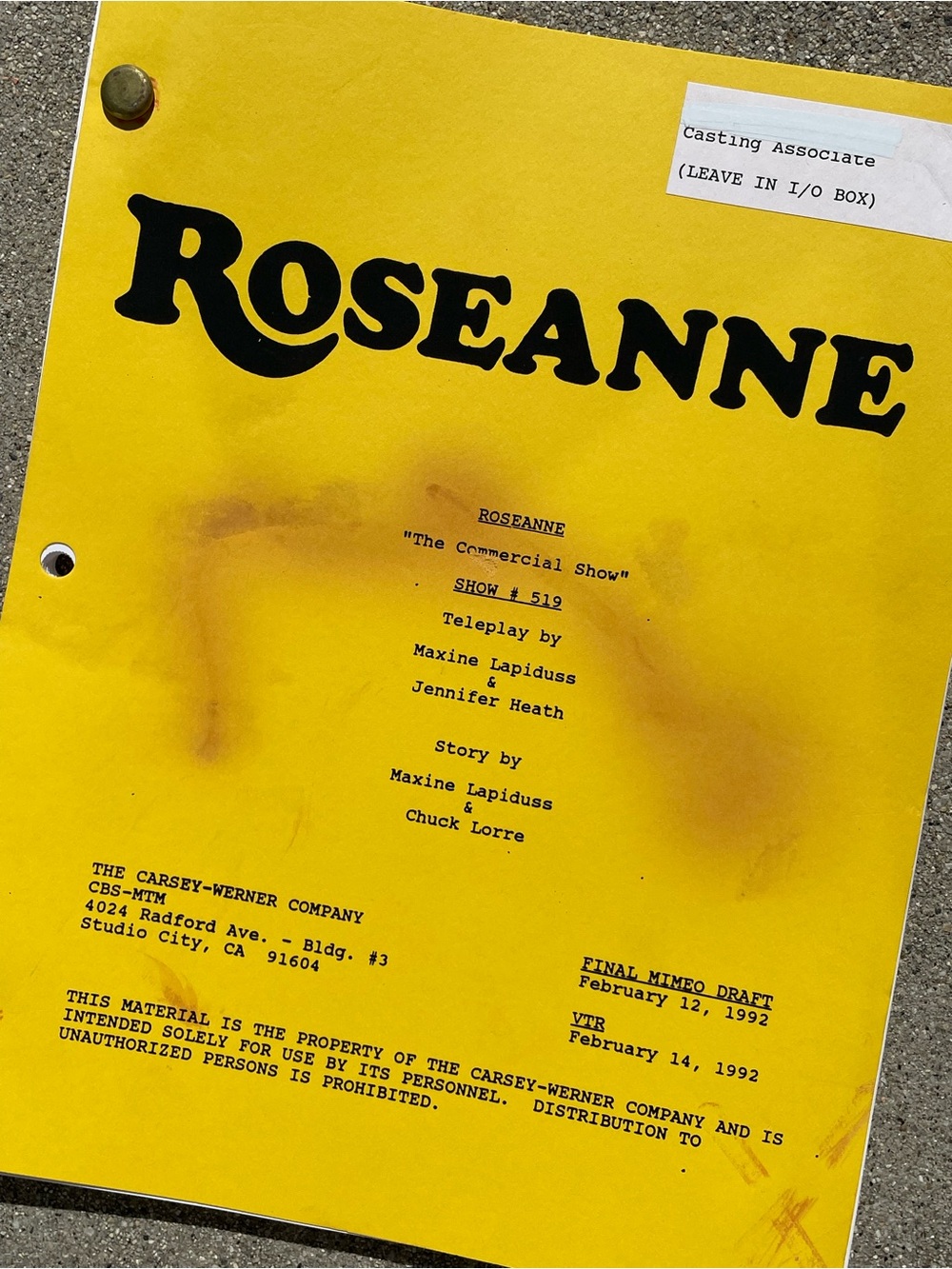Roseanne Vtg 1992 Production Used Final Mimeo Draft Script The Commercial Show